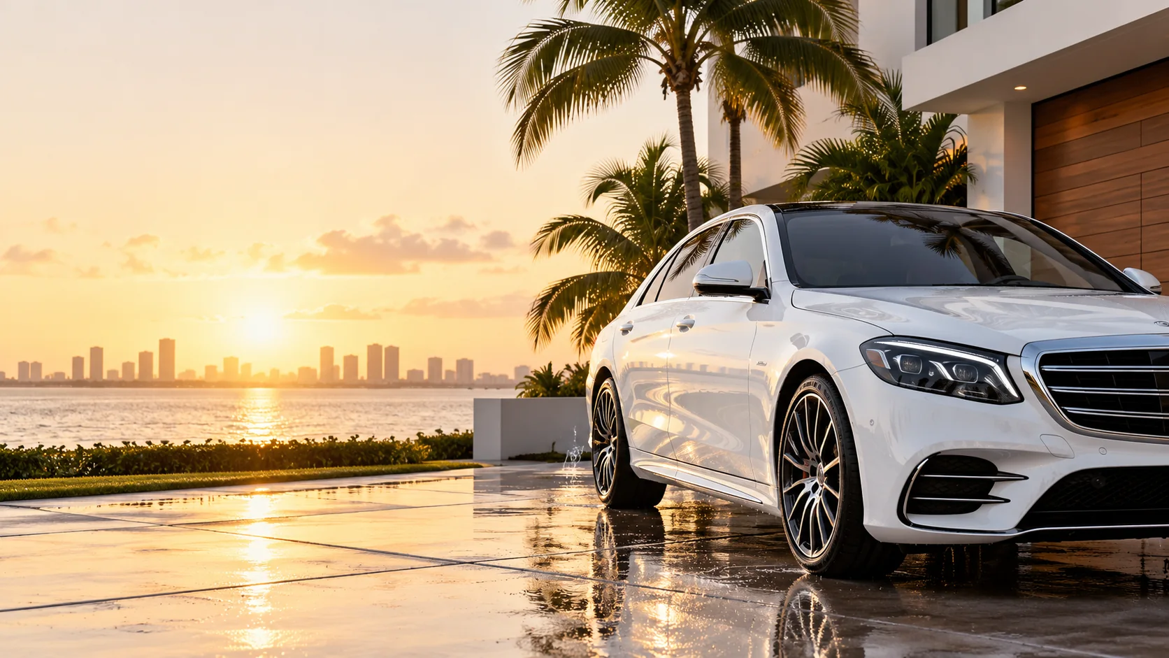 Illustrative white car at a Miami waterfront residence