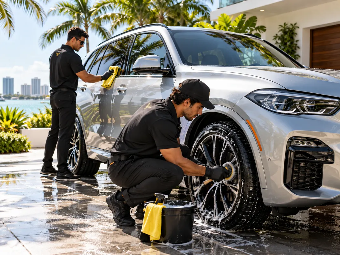 Illustrative concept of a mobile detailing team working on a vehicle in Miami